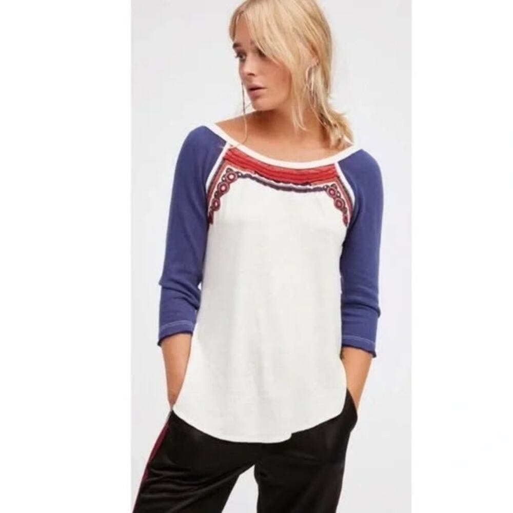 Free People Mirror Embellished Baseball Raglan Sleeve Pure Cotton Blouse